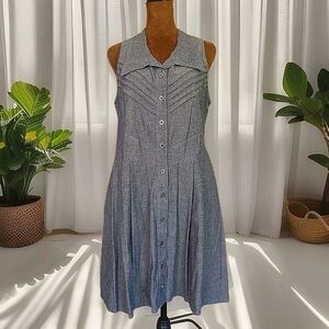Barred's Dress Chambray Sleeveless A-line Collared Pleated Button Down Size S/M‎
